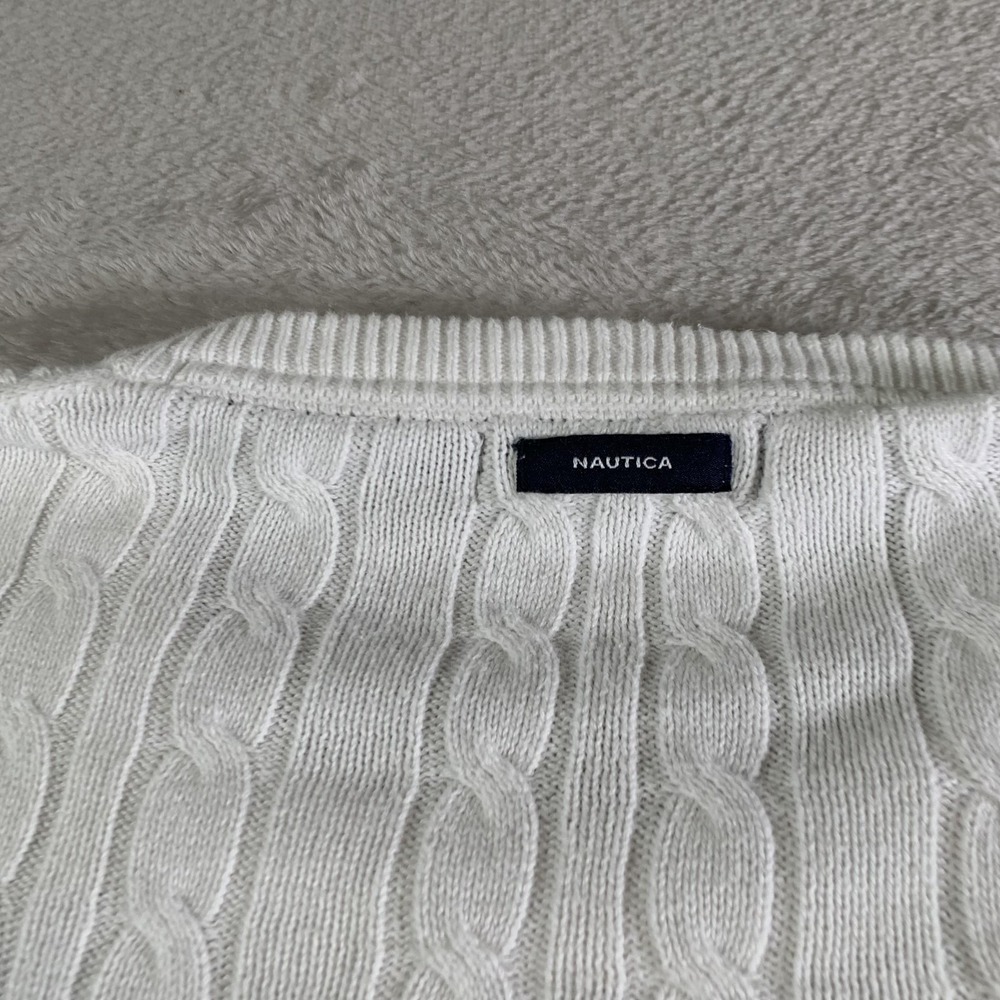 Nautica Sweater Mens Large White Cable Knit Crewneck Cotton Pullover Casual‎ - Picture 9 of 10